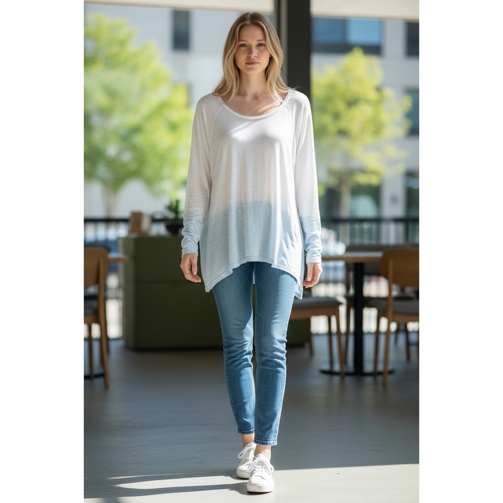 Vince XL Blue White Ombre‎ Dip Dye Slub Knit Long Sleeve Scoop Neck Top Sz XL